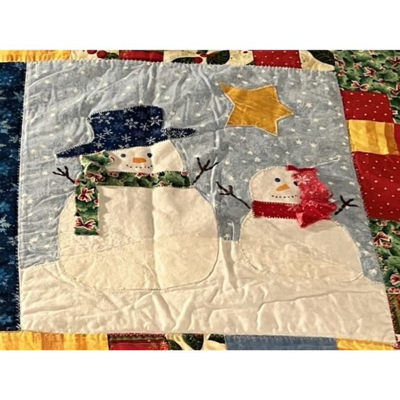 Handmade Winter Christmas Patchwork Appliqué Quilt Twin Snowmen Cabins Bears Fun - Picture 4 of 12